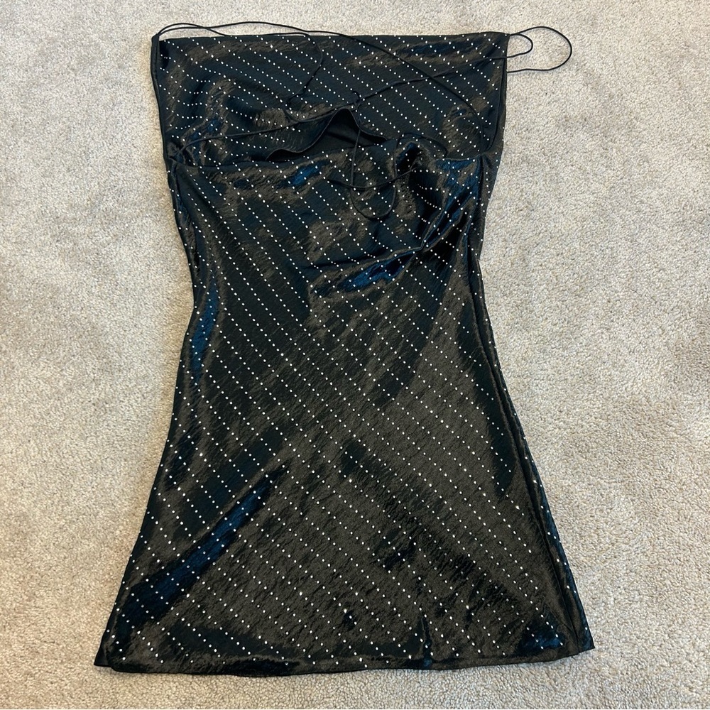 Zara Black satin effect crystal rhinestone jewelled cowl neck mini slip dress M - Picture 8 of 16